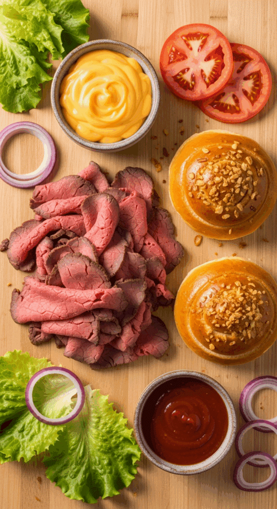 Ingredients for Beef and Cheddar sandwich including roast beef, cheese sauce, and onion rolls.