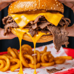 Person holding a Beef and Cheddar sandwich with curly fries in the background.