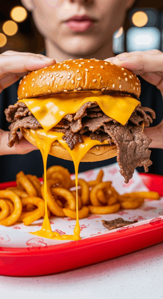Person holding a Beef and Cheddar sandwich with curly fries in the background.