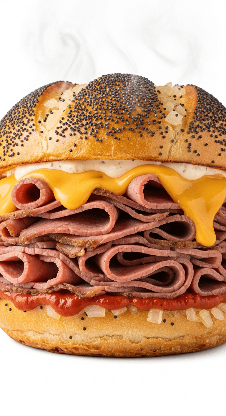 Arby's style Beef and Cheddar sandwich with melted cheese sauce and onion bun.