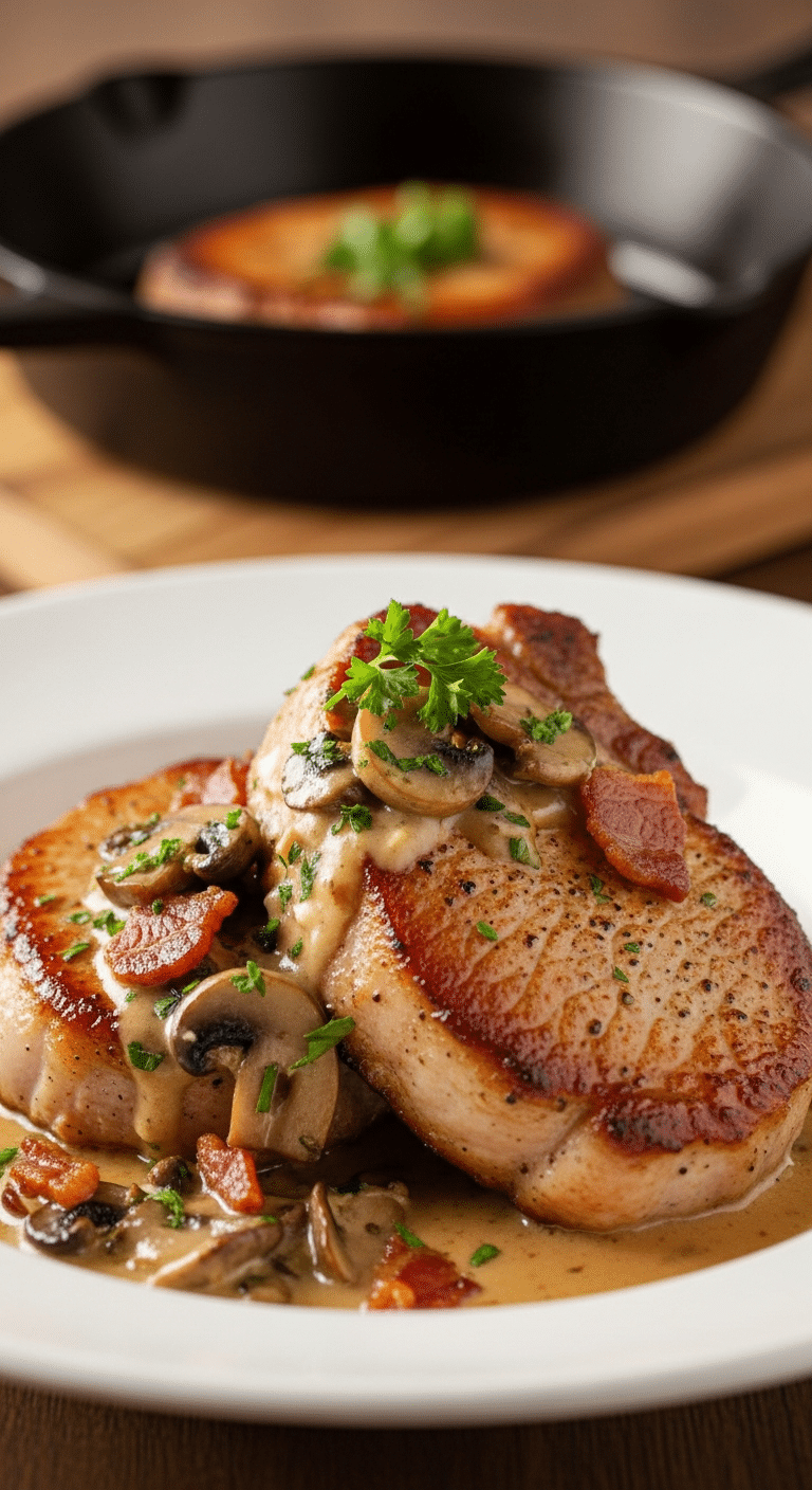 Pan-seared pork chops topped with a creamy bacon mushroom sauce and fresh parsley.