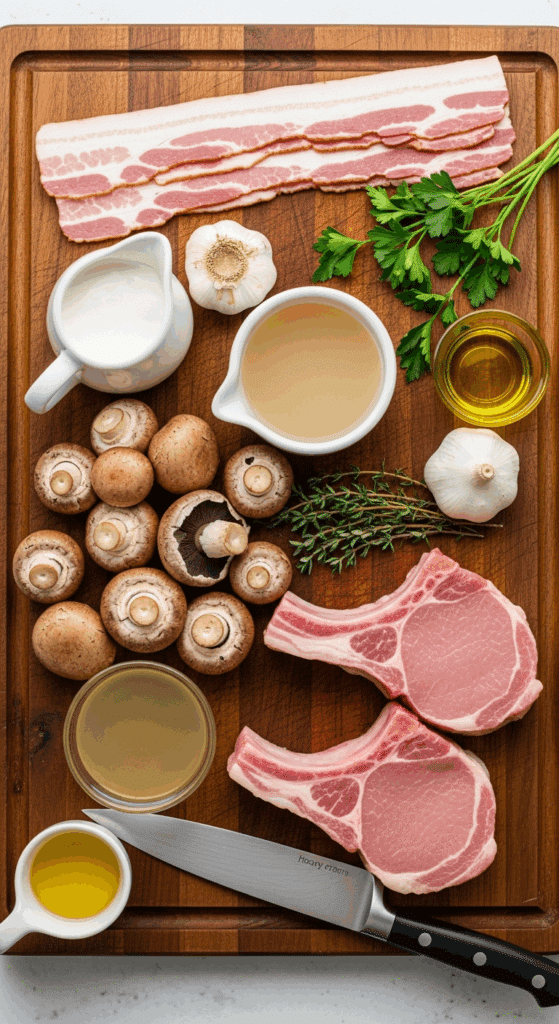 Raw ingredients for bacon mushroom pork chops: pork chops, bacon, mushrooms, cream, and herbs.