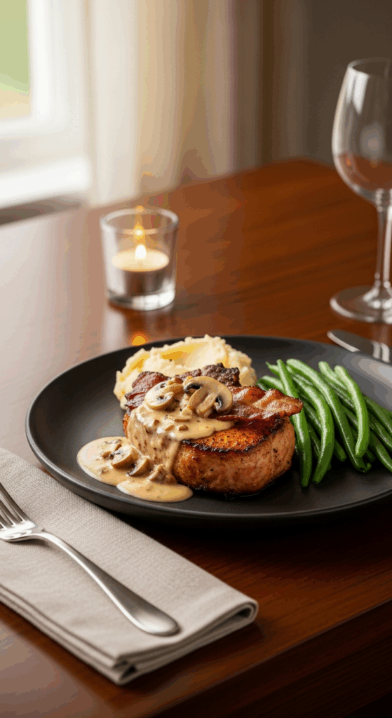 Plated bacon mushroom pork chop with mashed potatoes and green beans.
