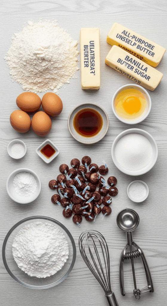 Ingredients for Butter Blossom cookies: flour, butter, sugar, eggs, vanilla, and Hershey's Kisses.