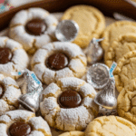 Assortment of Butter Blossom cookies with chocolate kisses on a festive holiday platter.