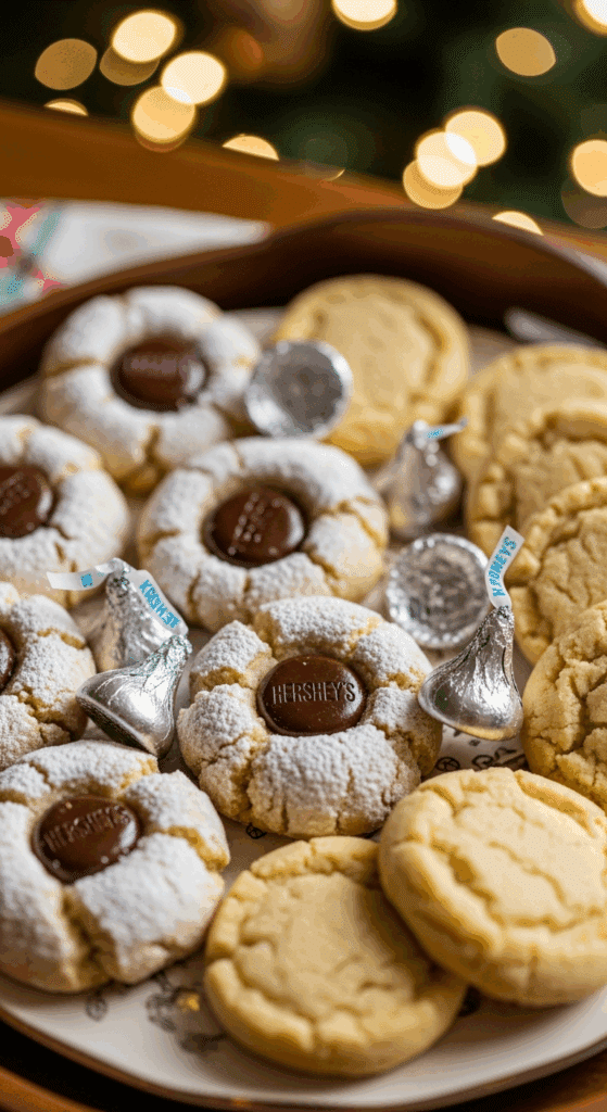 Assortment of Butter Blossom cookies with chocolate kisses on a festive holiday platter.