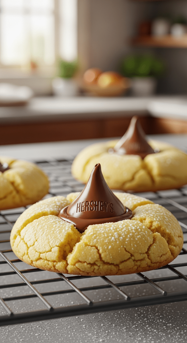 Warm Butter Blossom cookie with a melted Hershey's Kiss in the center and powdered sugar dusting.
