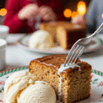 A beautiful plate with a homemade, festive, and moist slice of a Buttery Cinnamon Cake, being served with a melting scoop of vanilla bean ice cream.