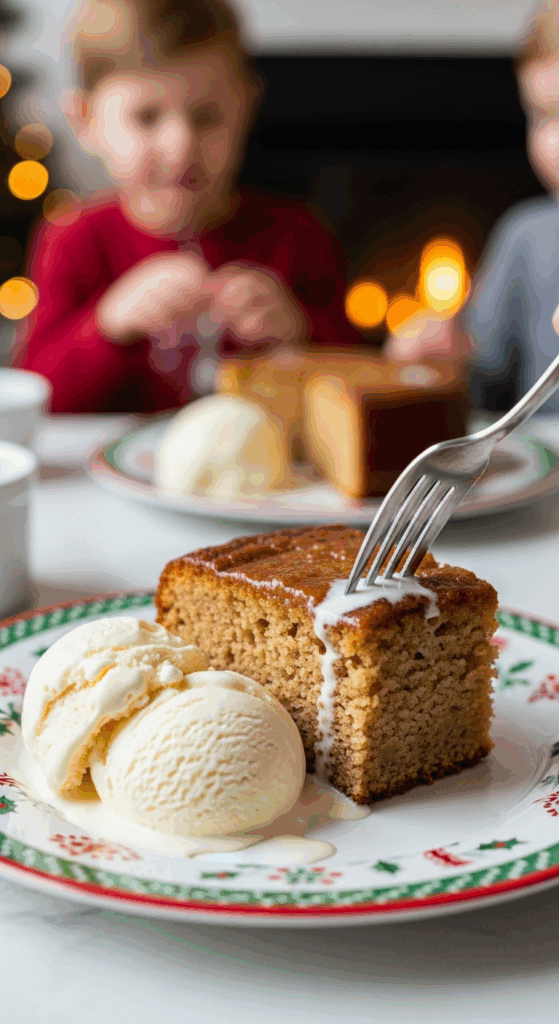 A beautiful plate with a homemade, festive, and moist slice of a Buttery Cinnamon Cake, being served with a melting scoop of vanilla bean ice cream.