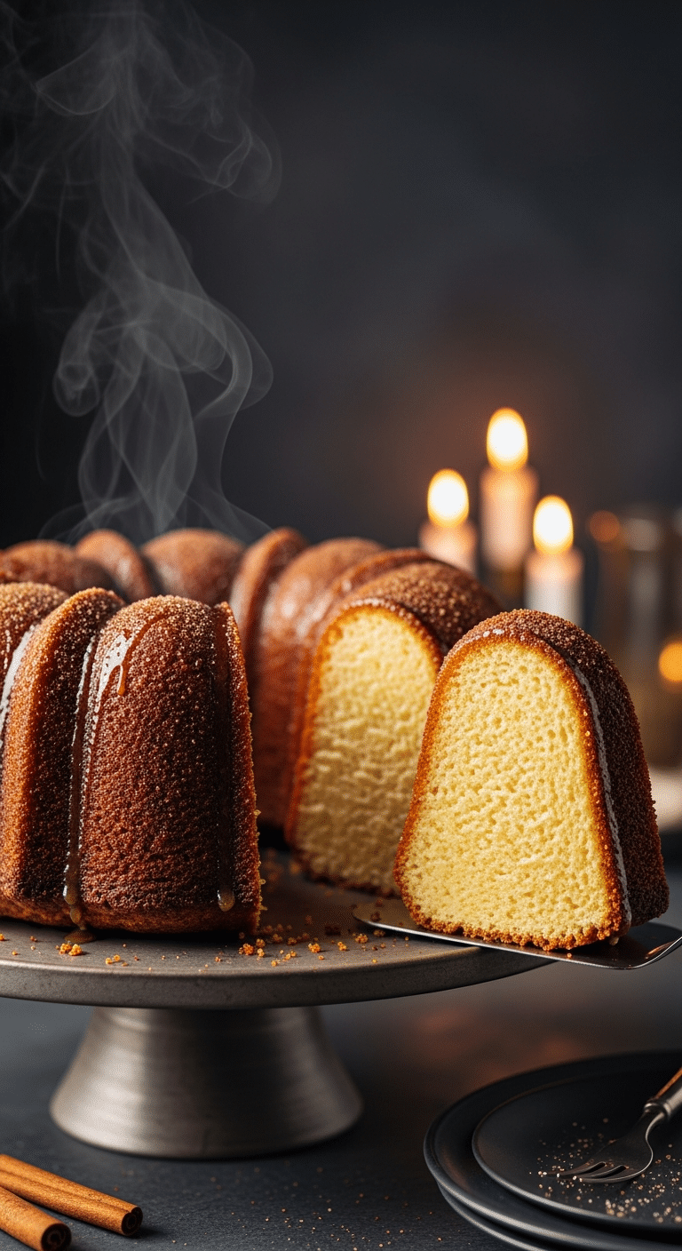 A beautiful, elegant cake stand with a homemade, old-fashioned Cinnamon Bundt Cake, with a golden-brown crust, a dusting of powdered sugar, and a thick slice cut to show the velvety, yellow crumb.