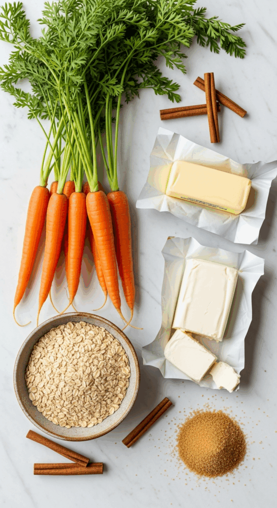 Fresh ingredients for carrot cake cookies including carrots, oats, butter, and cream cheese.