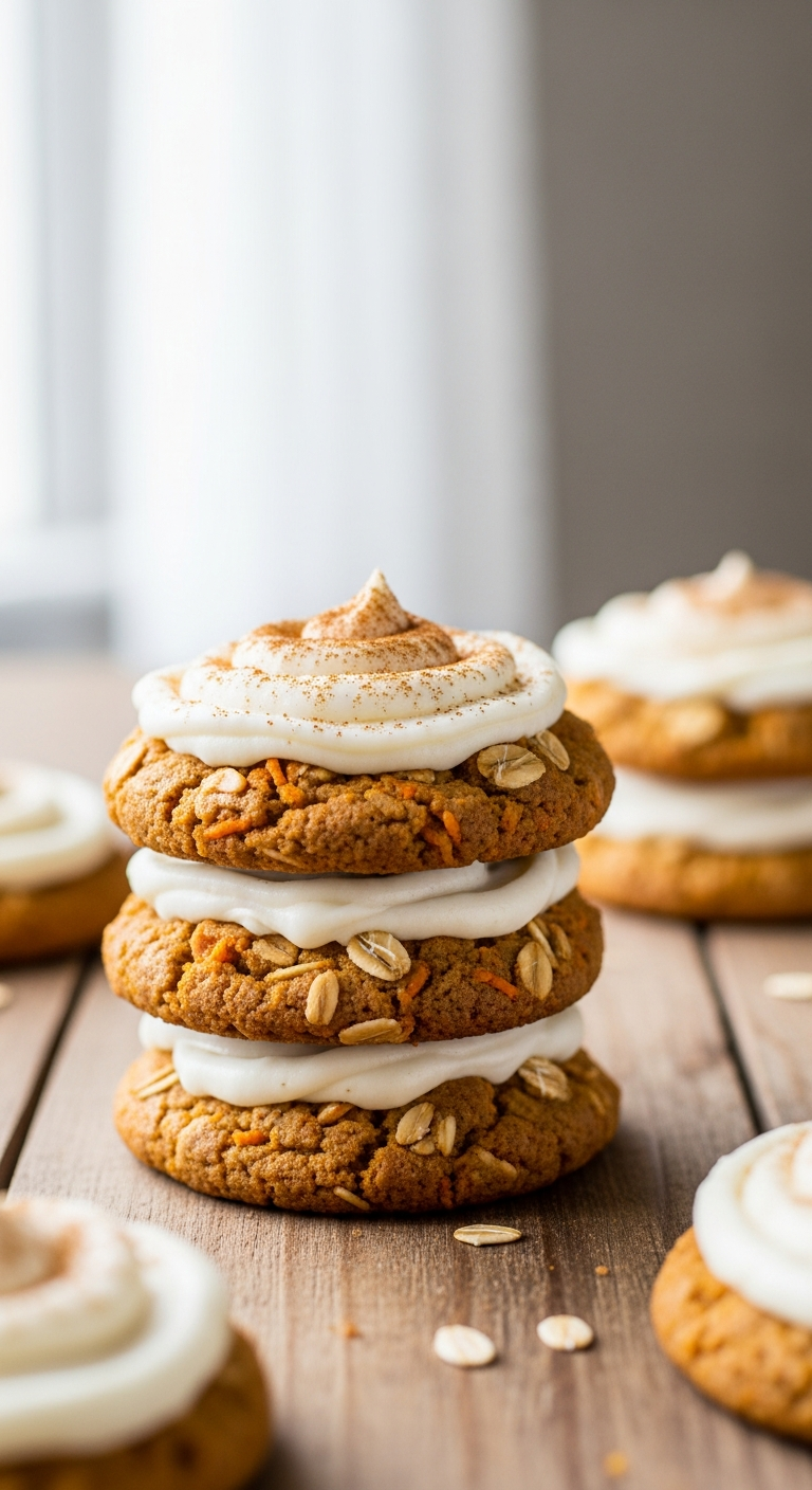 A stack of soft carrot cake cookies topped with creamy white frosting and a dusting of cinnamon.