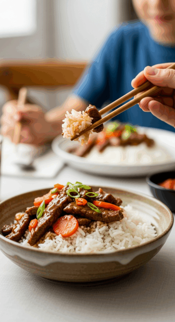 A beautiful, Asian-style bowl of a homemade, elegant, and "better-than-takeout" Pepper Steak, being served over steamed rice at a family dinner.
