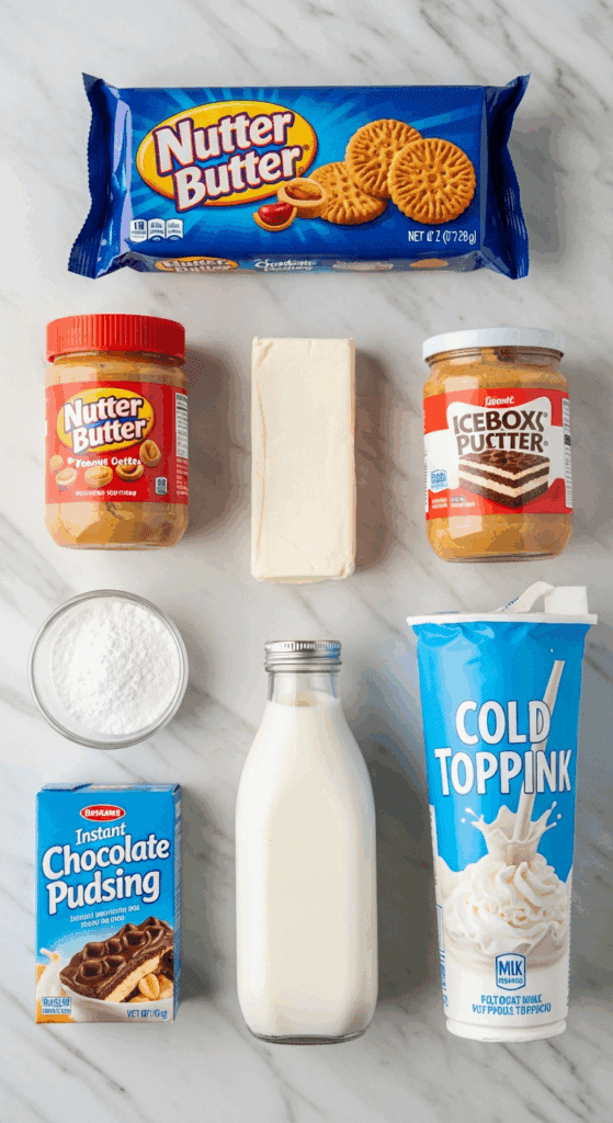 Ingredients for Chocolate Nutter Butter Icebox Cake: Nutter Butters, peanut butter, cream cheese, chocolate pudding, and milk.