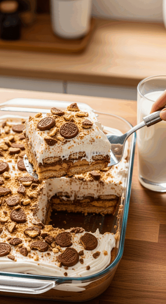 Glass dish of Chocolate Nutter Butter Icebox Cake being served with a spatula.