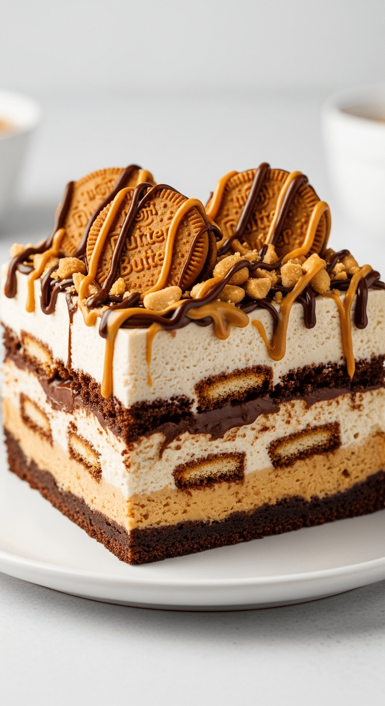 Slice of Chocolate Nutter Butter Icebox Cake showing layers of cookies, peanut butter cream, and chocolate.