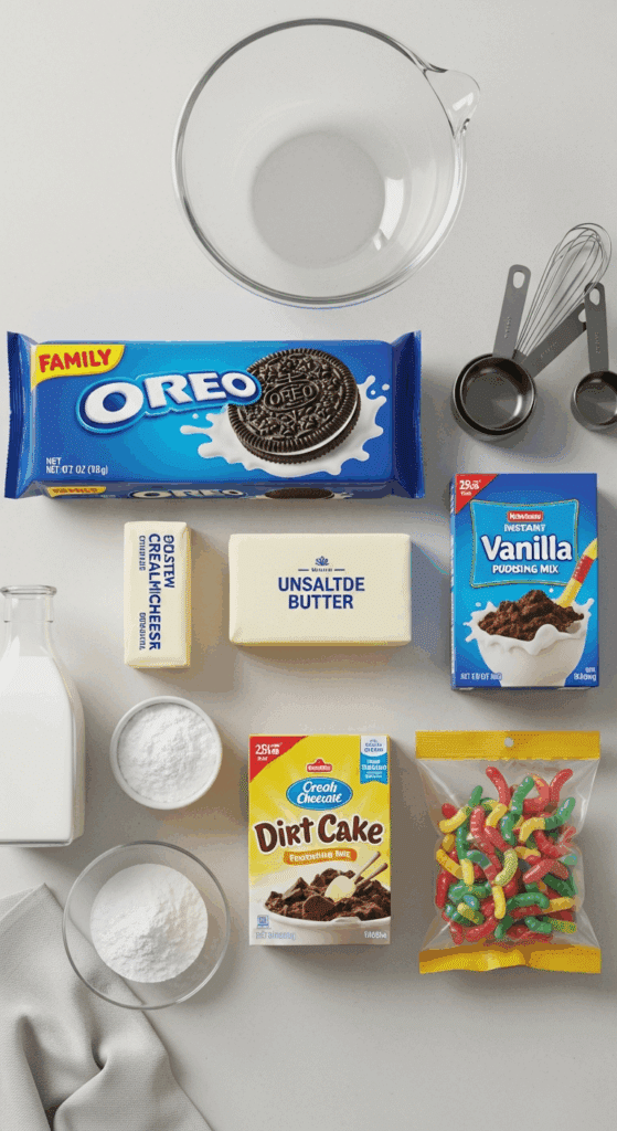 Ingredients for Oreo Dirt Cake: Oreo cookies, cream cheese, butter, pudding mix, milk, and gummy worms.