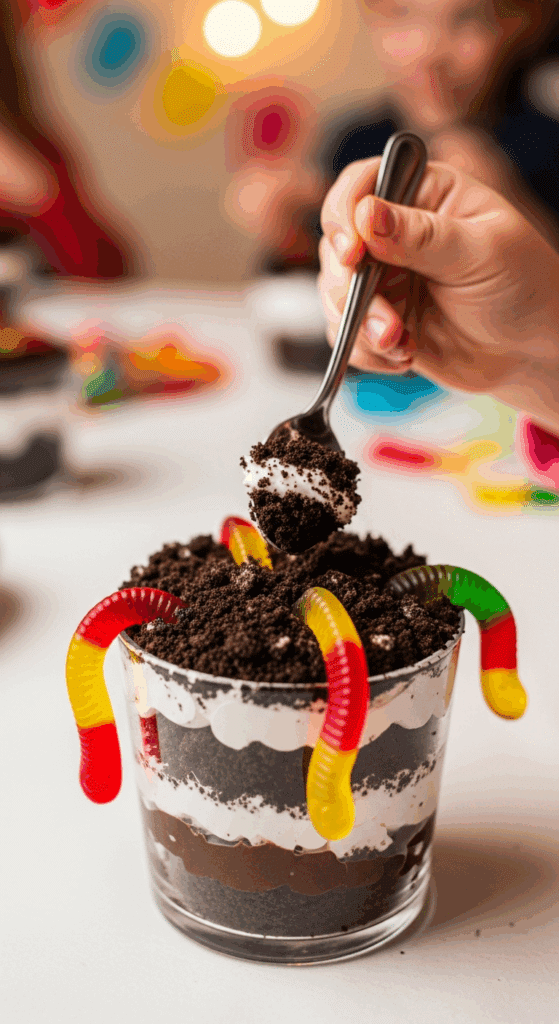 Child's hand with a spoon reaching for an individual serving of Oreo Dirt Cake with gummy worms.