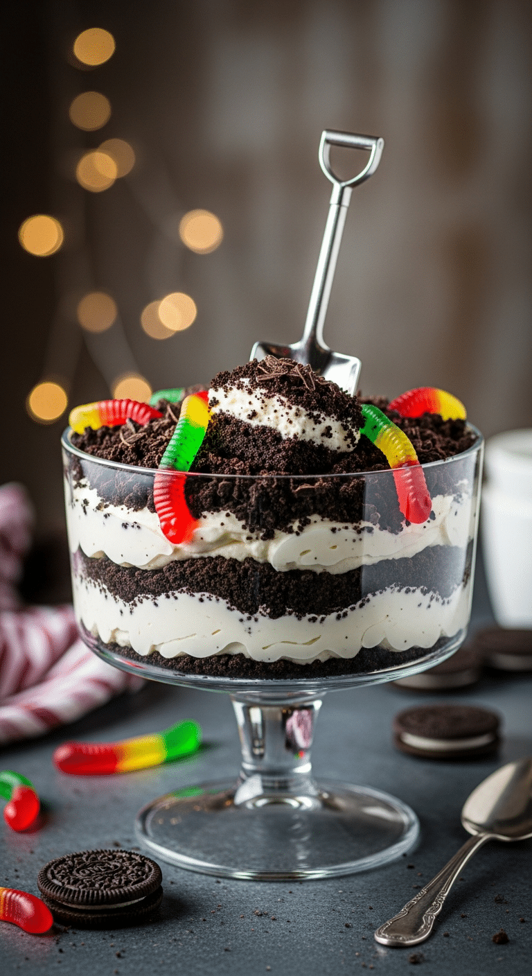 Decadent Oreo Dirt Cake in a clear trifle bowl with gummy worms and crushed Oreo layers.