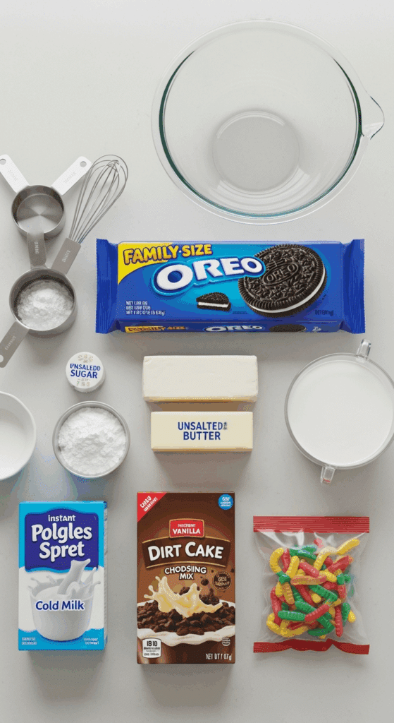 Ingredients for Oreo Dirt Cake: Oreo cookies, cream cheese, butter, pudding mix, milk, and gummy worms.
