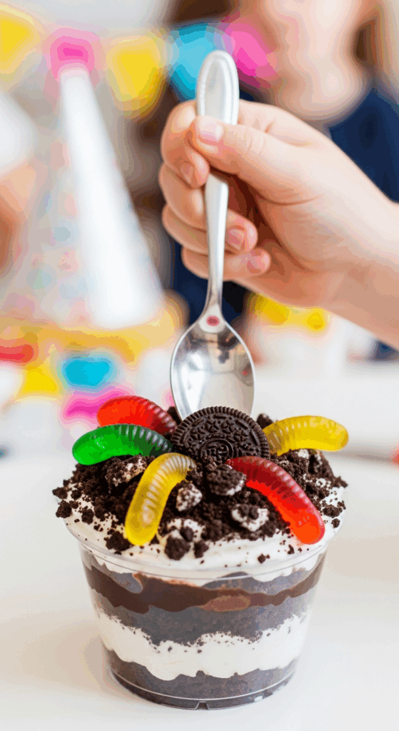 Child's hand with a spoon reaching for an individual serving of Oreo Dirt Cake with gummy worms.