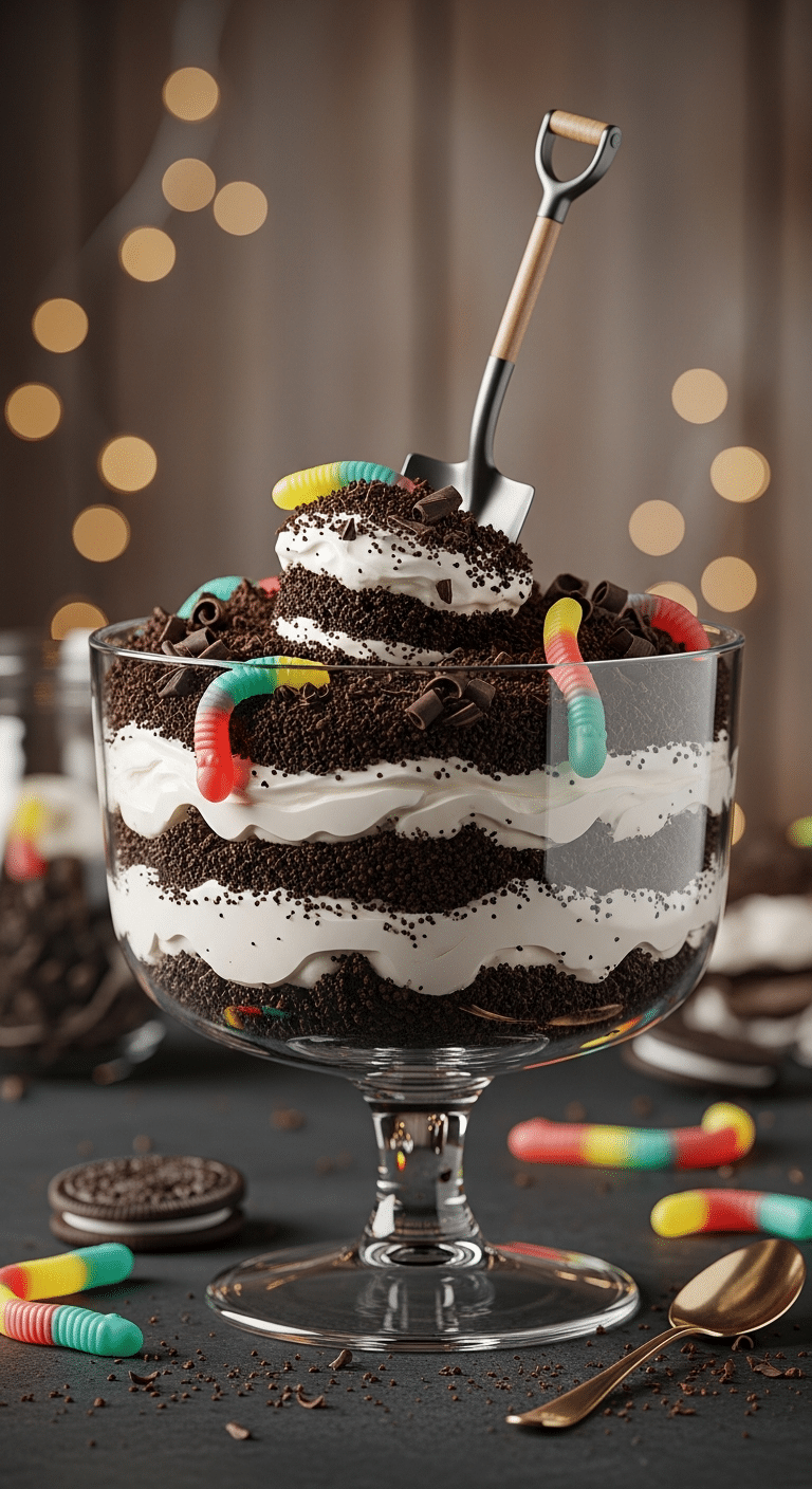 Decadent Oreo Dirt Cake in a clear trifle bowl with gummy worms and crushed Oreo layers.