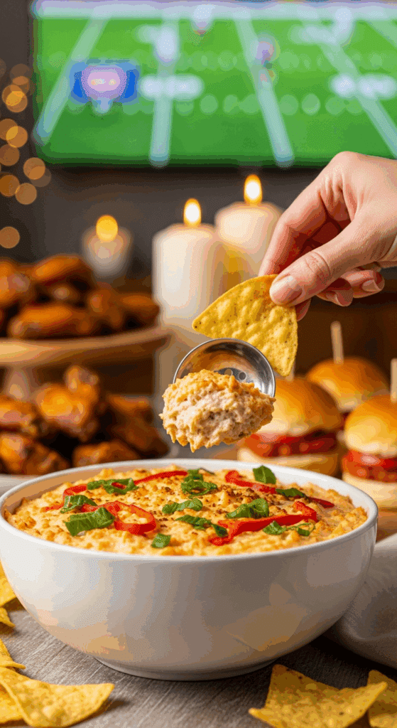 The impressive, homemade platter of beautiful and festive "Zesty Dorito Explosion" Dip being served as the centerpiece on a platter at a sophisticated "Game Day" party.