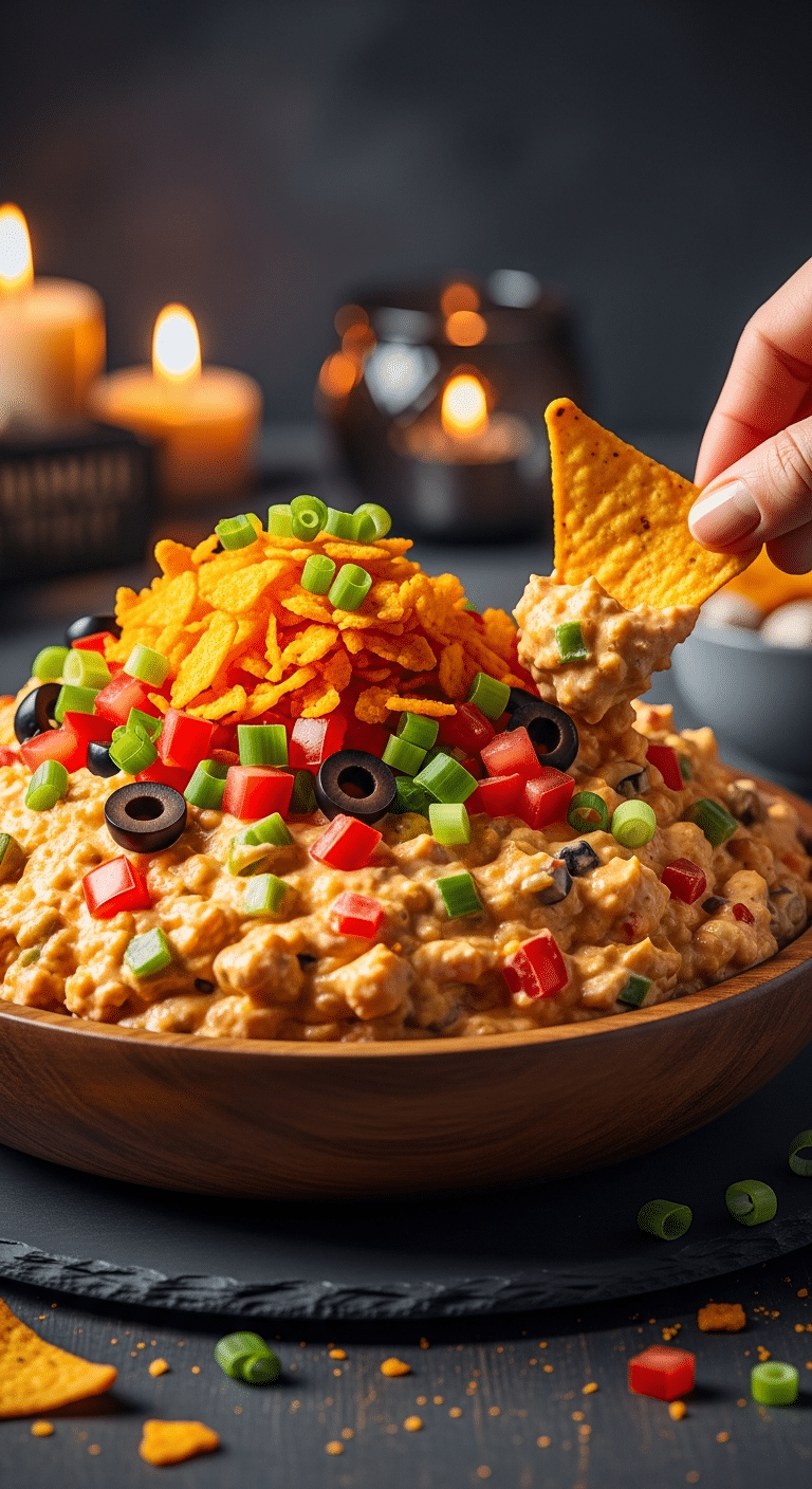 A beautiful, rustic bowl of homemade, festive, and creamy "Zesty Dorito Explosion" Dip, with a chip being dipped in to show the thick, chunky texture.
