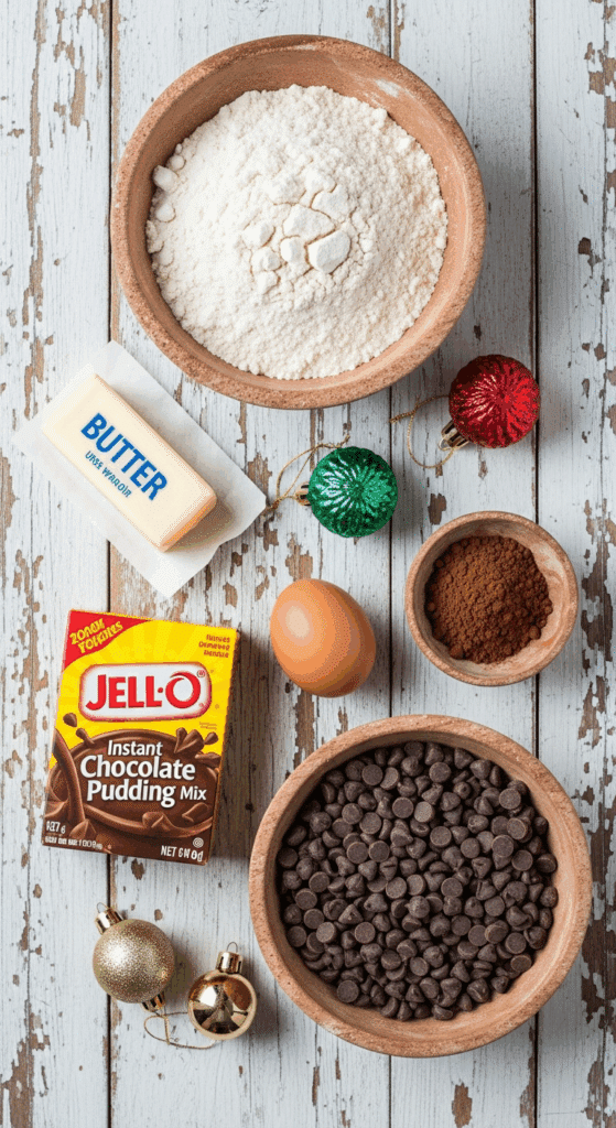 The simple, from-scratch ingredients for the classic and impressive Holiday "Magic" Double Chocolate Pudding Cookies.