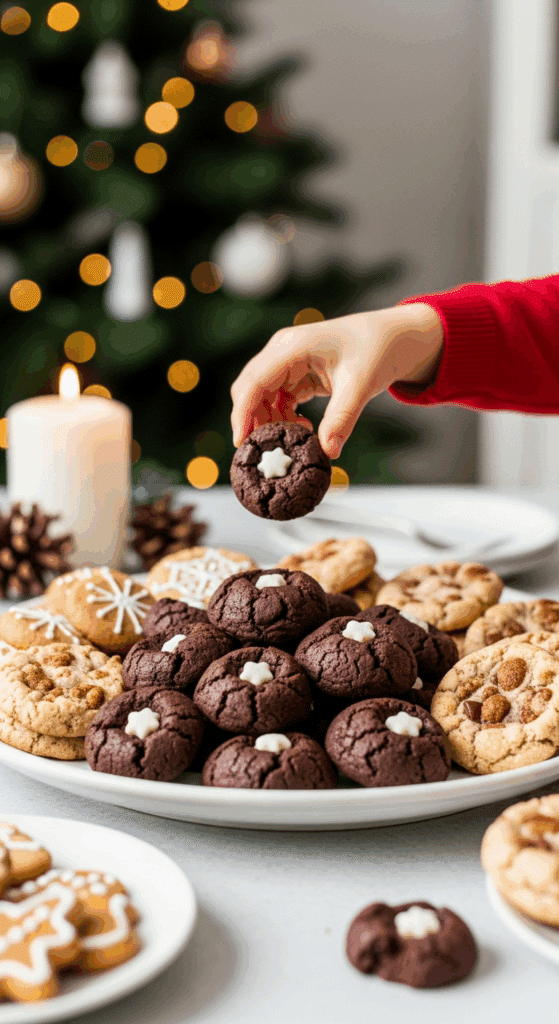 The impressive, homemade platter of beautiful and festive "Grandma's" Double Chocolate Pudding Cookies being served as the centerpiece on a cookie platter at a sophisticated Christmas party.