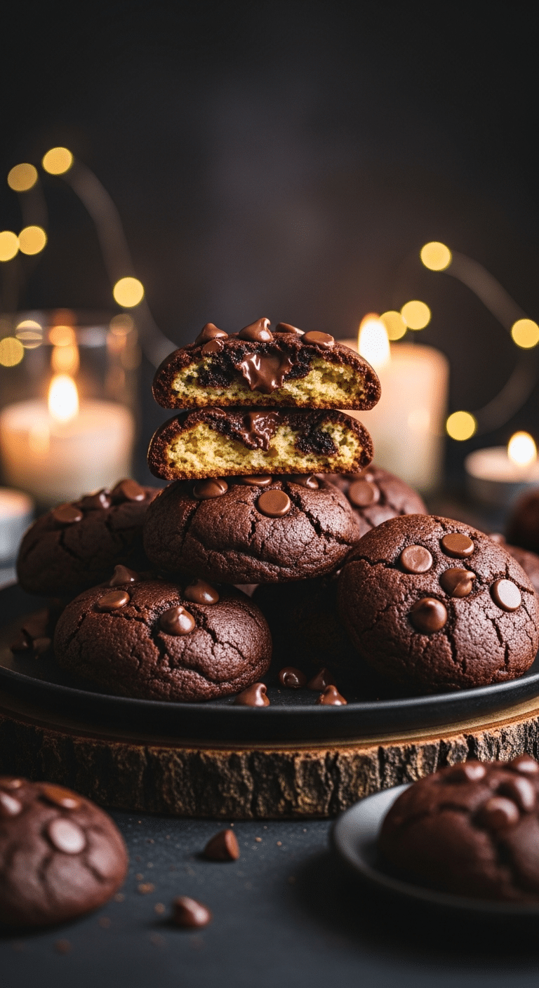 A beautiful, rustic platter of homemade, festive, and chewy "Double Chocolate Pudding Cookies," with one broken in half to show the tender, chewy, and moist interior.