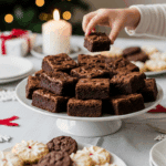 The impressive, homemade platter of beautiful and festive "Grandma's" Fudgy Brownies being served as the centerpiece on a dessert table at a sophisticated Christmas party.