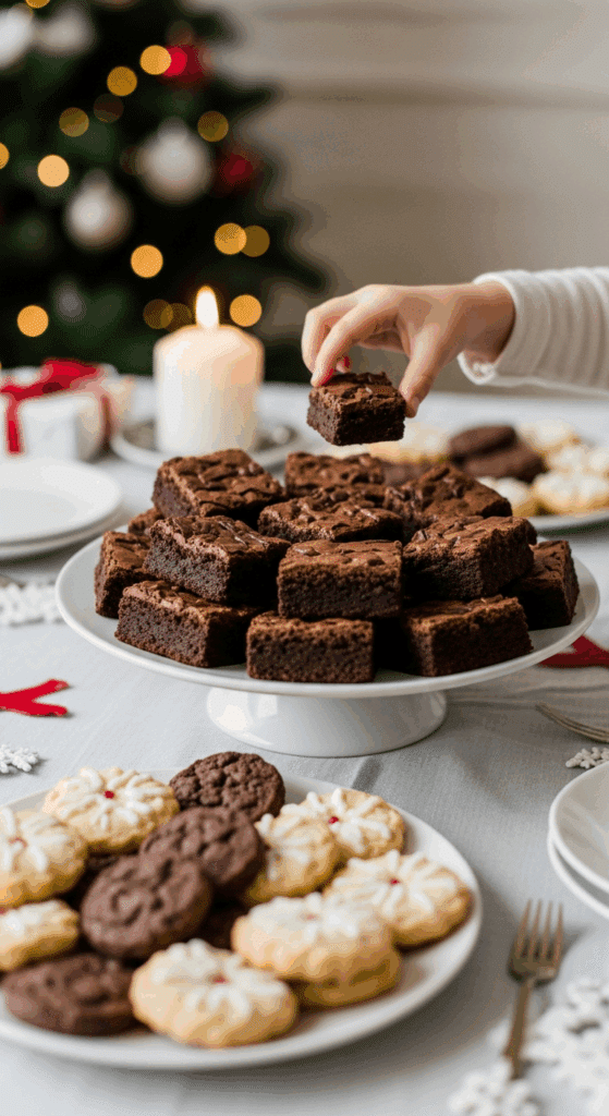 The impressive, homemade platter of beautiful and festive "Grandma's" Fudgy Brownies being served as the centerpiece on a dessert table at a sophisticated Christmas party.