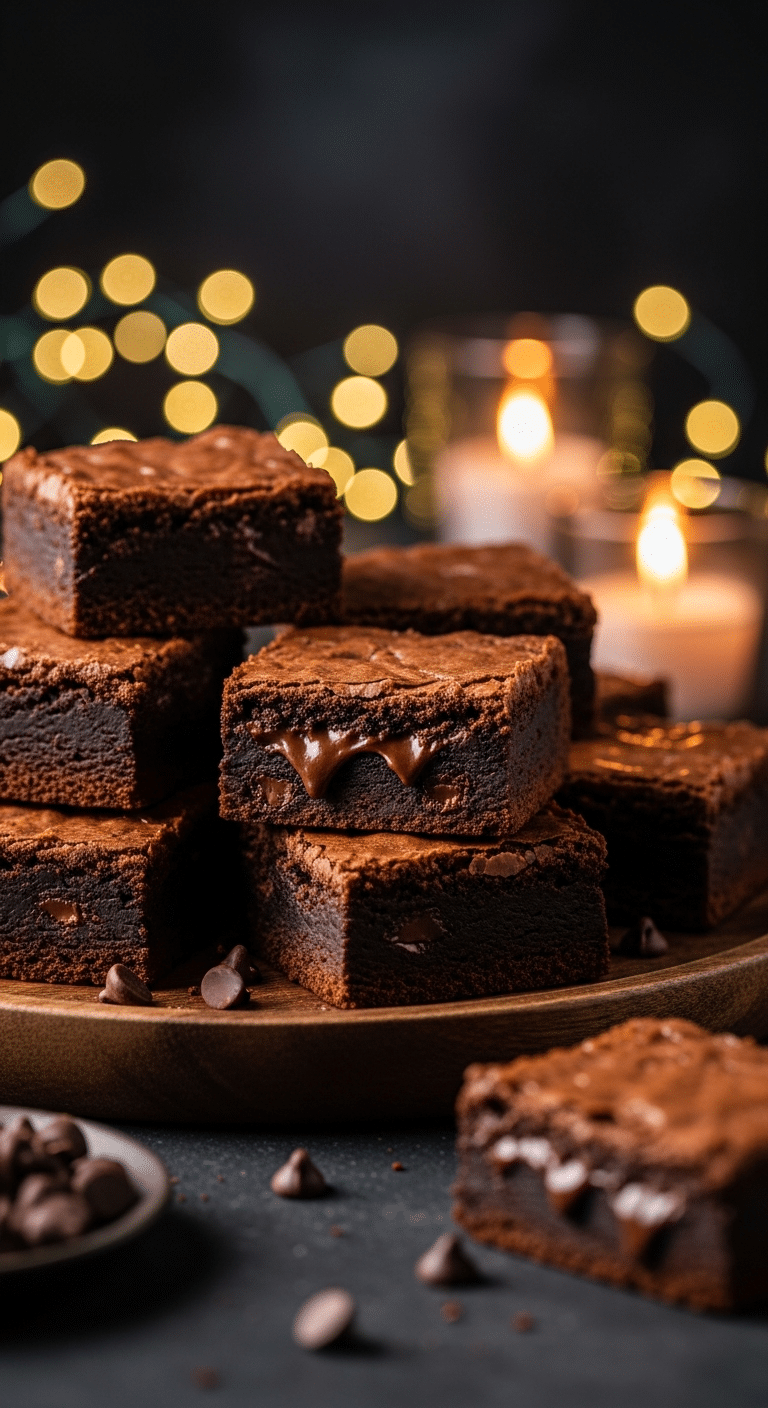 A beautiful, rustic platter of homemade, festive, and Fudgy Brownies, with one broken in half to show the gooey, fudgy, and chocolate-chip-studded interior.
