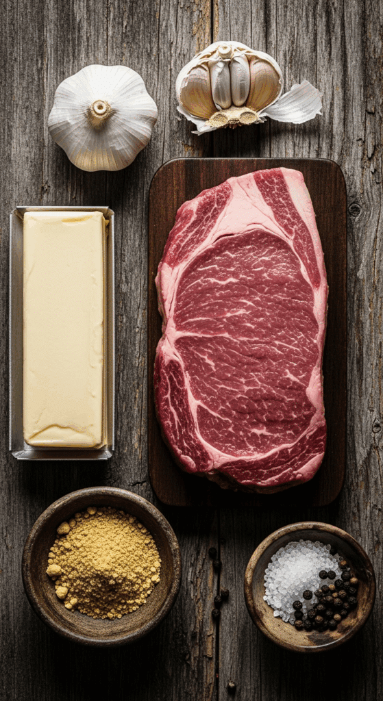 The simple, from-scratch ingredients for the classic and impressive Grilled Sirloin Steak with "Double-Garlic" Butter.