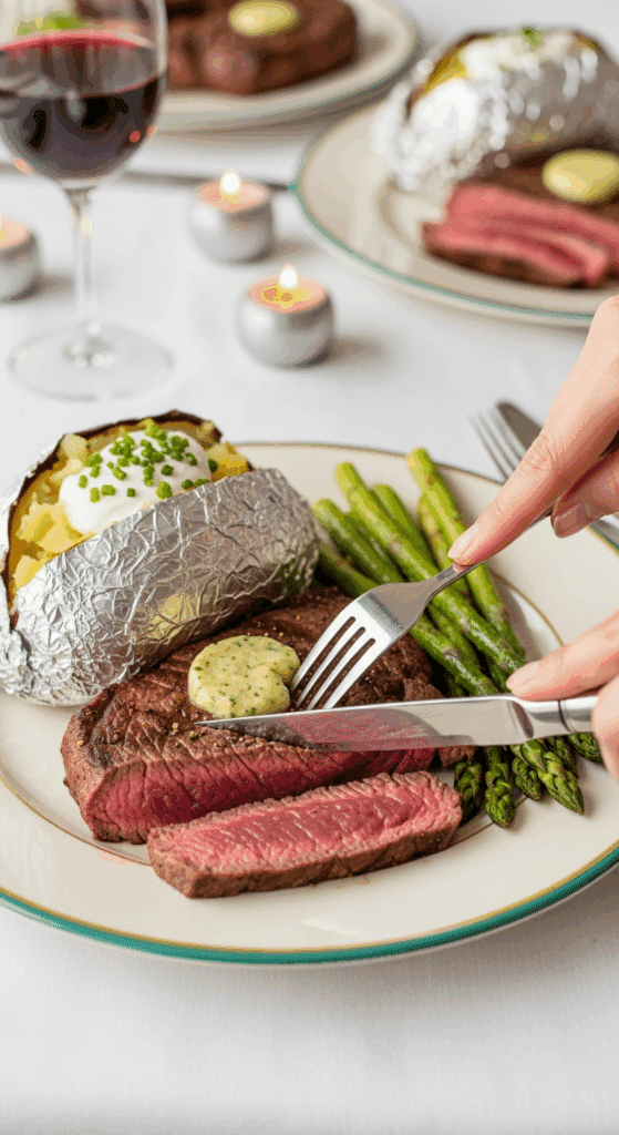 A beautiful plate of a homemade, elegant, and sliced Sirloin Steak with Garlic Butter, being served with a baked potato and roasted asparagus at a holiday dinner.