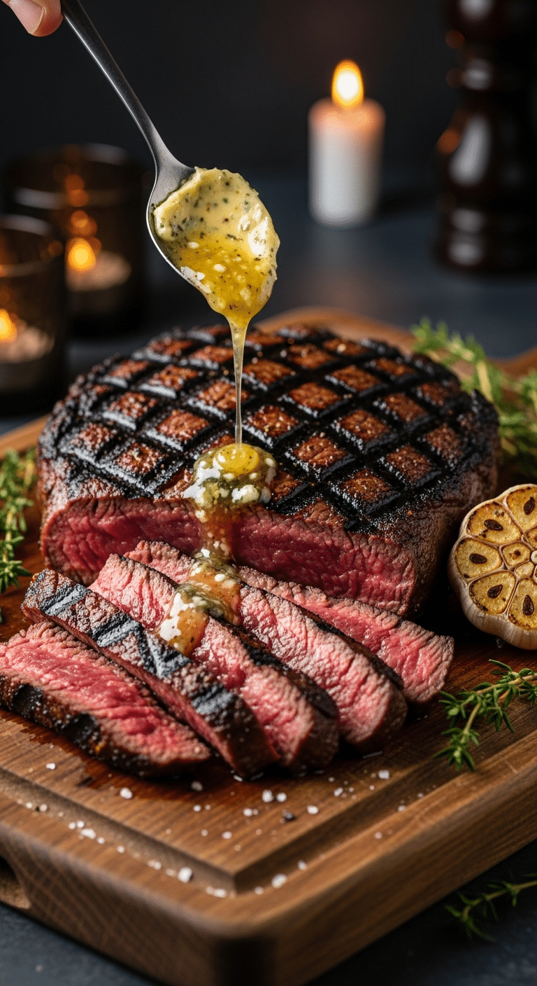 A beautiful, rustic cutting board with a homemade, juicy, and impressive Grilled Sirloin Steak, with a char-grilled crust, a rosy-pink "medium" interior, and a glossy, "double-garlic" butter sauce.