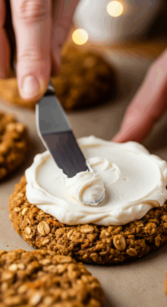 Spreading cream cheese frosting onto a cooled carrot cake cookie.