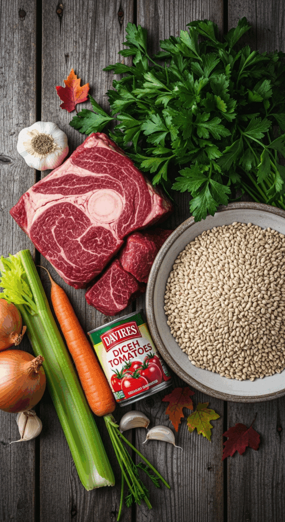 The simple, from-scratch ingredients for the classic and impressive Holiday Hearty Beef & Barley Soup.