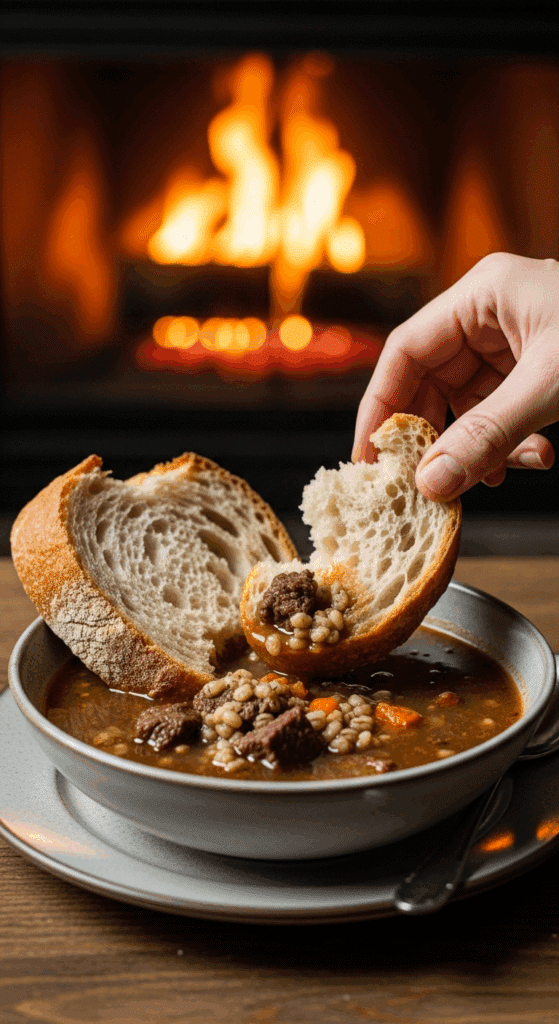 A beautiful bowl of a homemade, elegant, and hearty Beef & Barley Soup, with a hand shown dipping a large, crusty piece of sourdough bread into the broth.