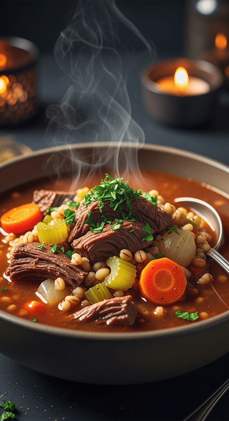 A beautiful, rustic bowl of homemade, authentic, and hearty Beef & Barley Soup, with a rich, dark broth, tender beef, plump barley, and a fresh parsley garnish.