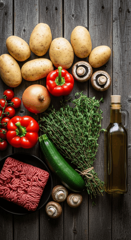 The simple, from-scratch ingredients for the classic and impressive "Hobo Dinner" Foil Packets.