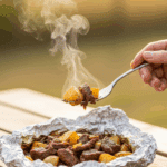 The impressive, homemade, and steaming "Hobo Dinner" being served in its open foil packet at a fun, outdoor, backyard barbecue.