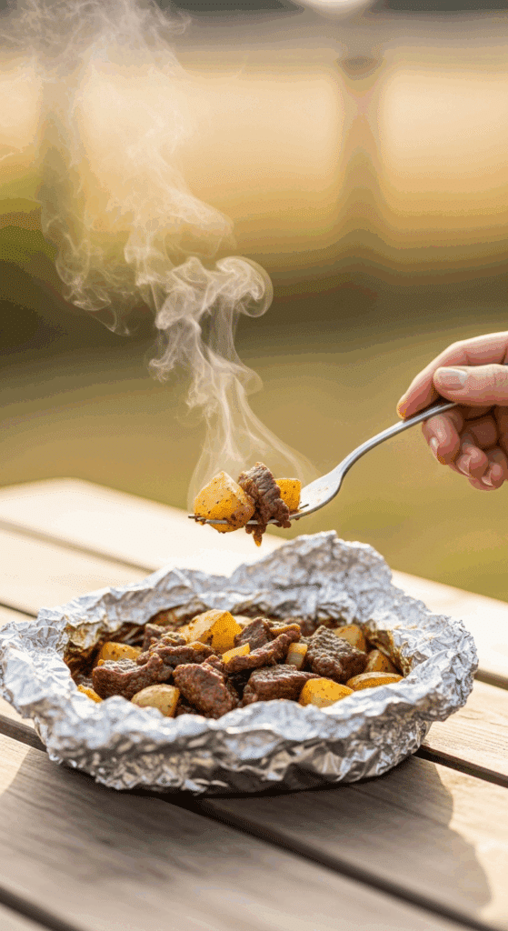 The impressive, homemade, and steaming "Hobo Dinner" being served in its open foil packet at a fun, outdoor, backyard barbecue.