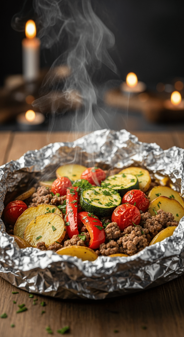 A beautiful, rustic, open foil packet of a homemade, easy, and classic "Hobo Dinner," with steaming, juicy ground beef, tender potatoes, and colorful vegetables.