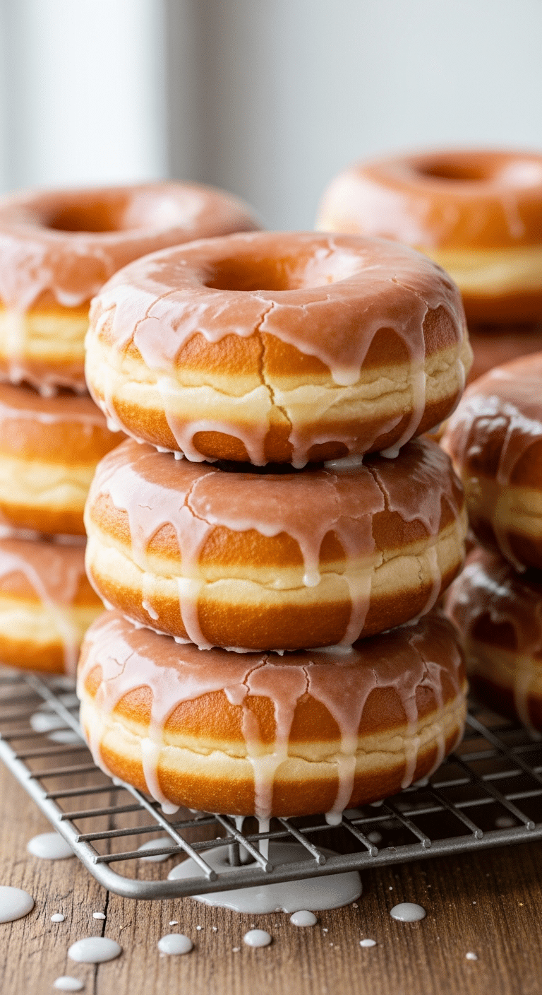 Stack of fresh homemade glazed donuts dripping with warm vanilla glaze on a wire rack.