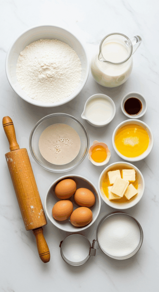 Ingredients for homemade donuts including flour, yeast, eggs, butter, milk, and sugar arranged on a marble counter.