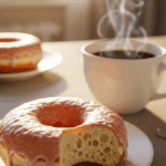 Hand holding a bitten glazed donut showing the fluffy airy interior texture next to a hot coffee.