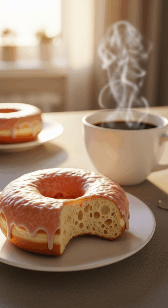 Hand holding a bitten glazed donut showing the fluffy airy interior texture next to a hot coffee.