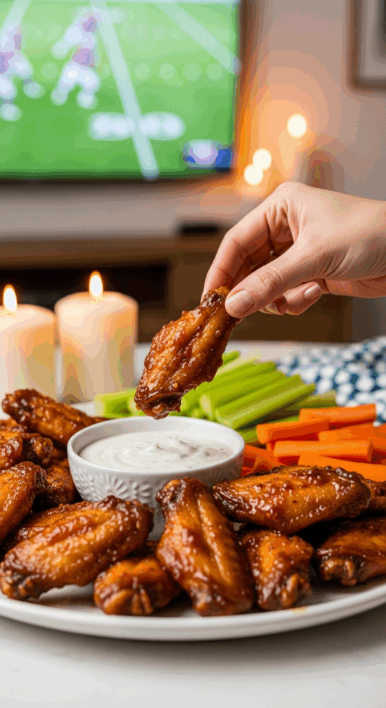 The impressive, homemade platter of beautiful and festive Crispy Baked Honey BBQ Wings being served as the centerpiece on a platter at a sophisticated "game-day" party.